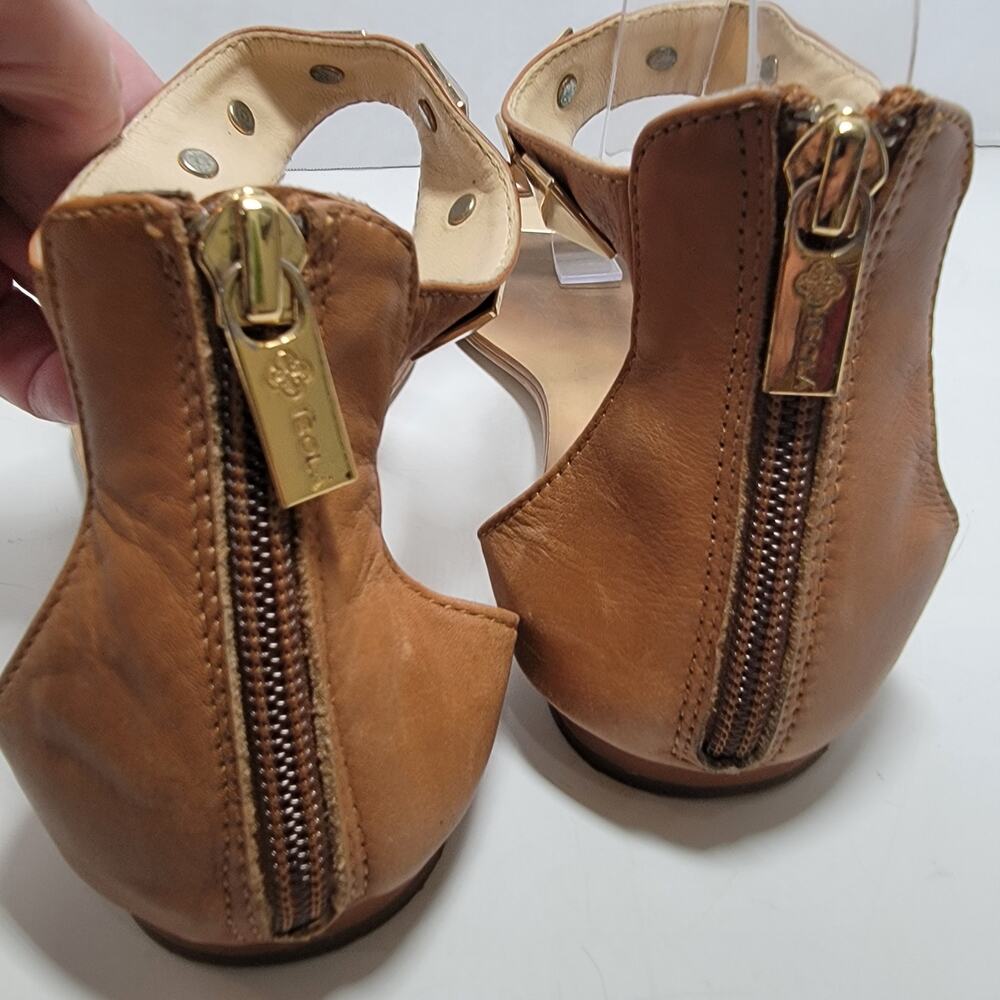 Isola Sandal 7.5 Ankle Strap Flat Gold Stud Spike Grommet Brown Zip - Picture 3 of 7